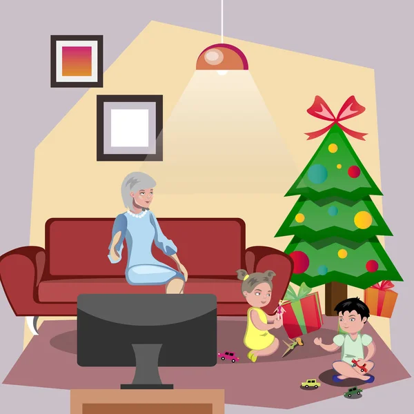 Grand-parents donnant cadeau de Noël leurs petits-enfants — Image vectorielle