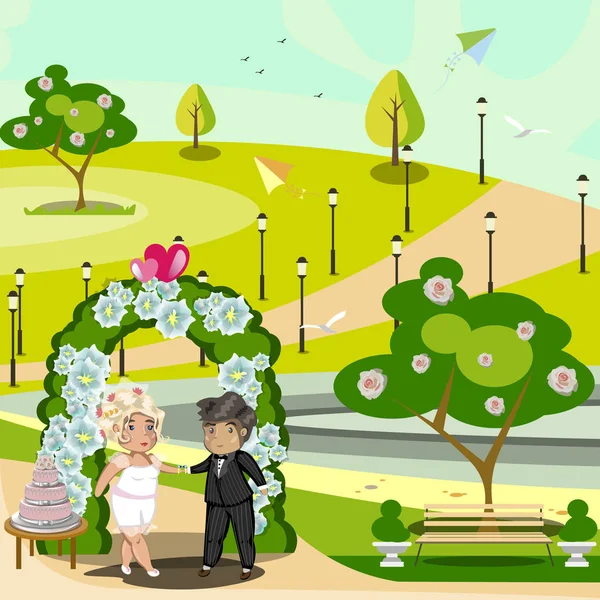 Joven novia y novio en un bosque bajo un arco decorado — Vector de stock