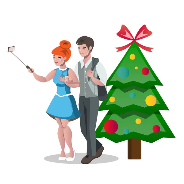 Jeune couple prenant selfie sur le fond d'un arbre de Noël . — Image vectorielle