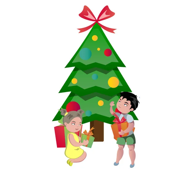 Joyeux enfants ouverture cadeaux de Noël — Image vectorielle