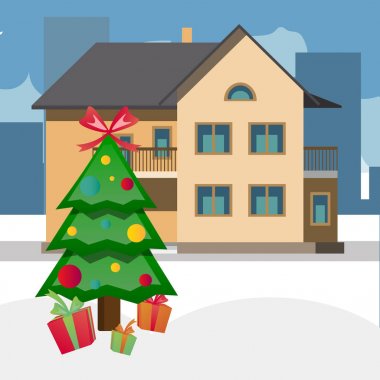 Ev ve süslü şirin köknar ağacı