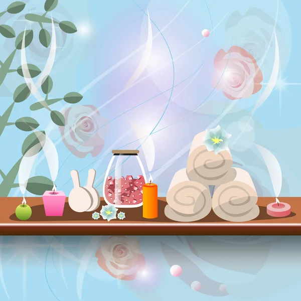 Комплект для спа-процедур с ароматической солью и свечами — стоковый вектор