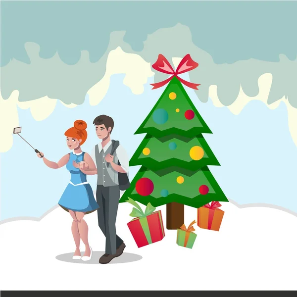 Jeune couple prenant un selfie sur le fond d'un arbre de Noël . — Image vectorielle