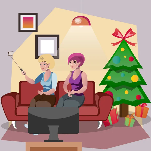 Amis d'une femme debout près d'un arbre de Noël — Image vectorielle