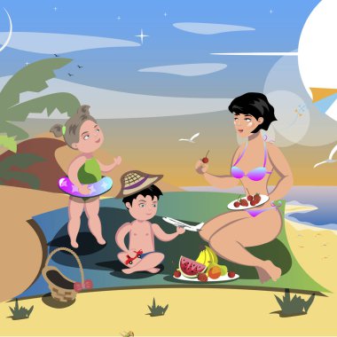 Okyanus ya da deniz plaj çocuklarla anne