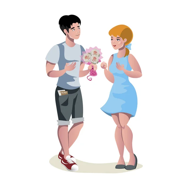 Man character give bouquet flowers to woman. — Stock Vector