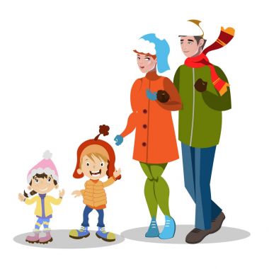 Çizgi film aile kış giysileri içinde.