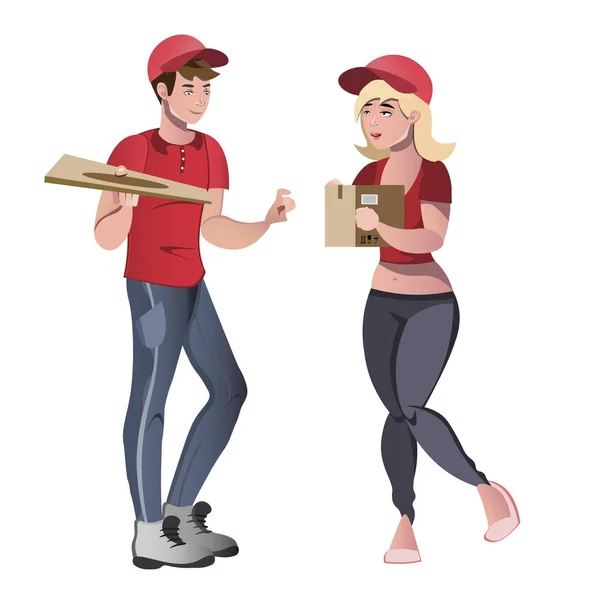 Cartero con paquetes en cajas de cartón . — Vector de stock