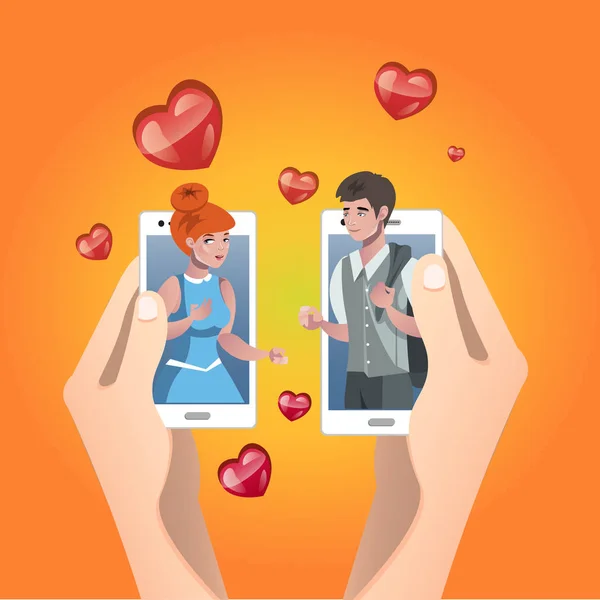 Joyeux Valentines carte de jour. Mains avec deux mobiles — Image vectorielle