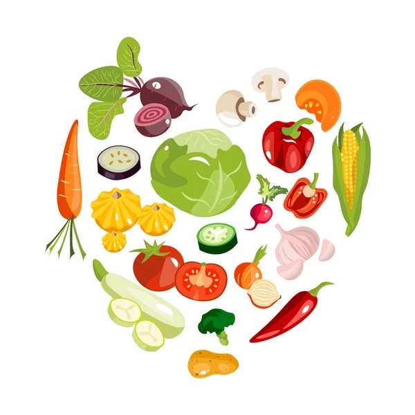 Silhouette del cuore isolata fatta di frutta e verdura . — Vettoriale Stock