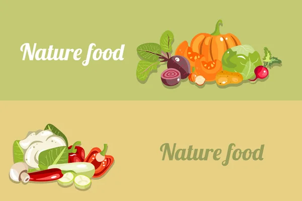 Различные баннеры с овощами здоровой пищи — стоковый вектор