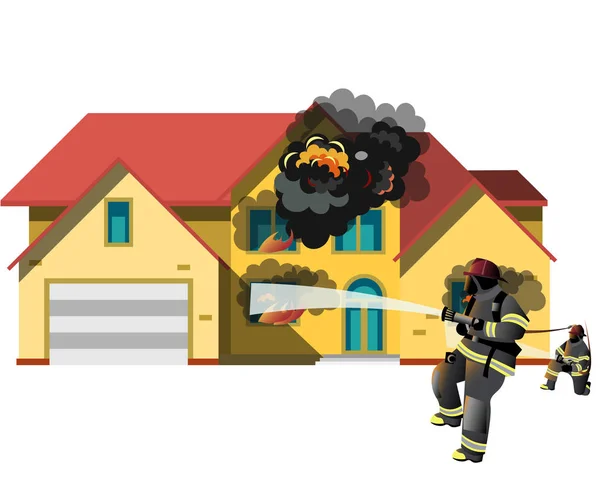 Dům v plamenech s hasičem — Stockový vektor