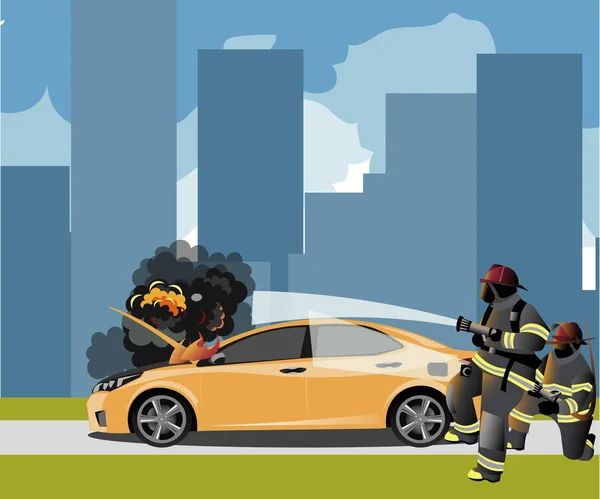 Icona incendio auto con pompiere — Vettoriale Stock