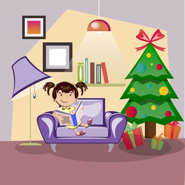 Crianças lendo o livro ao lado de uma árvore de Natal — Vetor de Stock