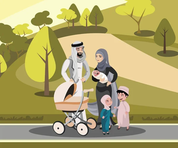Familia musulmana caminando con un niño en el parque — Archivo Imágenes Vectoriales