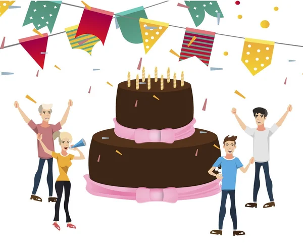 La compagnie des jeunes fête avec un gâteau . — Image vectorielle