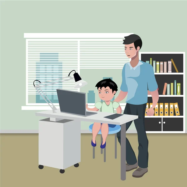 Padre con hijo haciendo la tarea en la computadora de escritorio — Vector de stock
