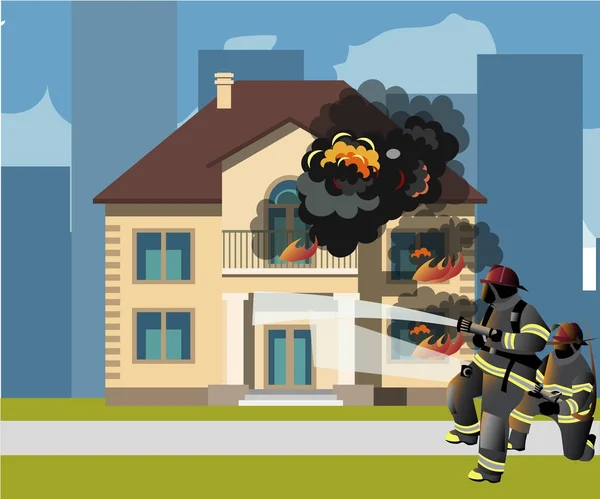 Bombeiros extinguem uma casa em chamas — Vetor de Stock