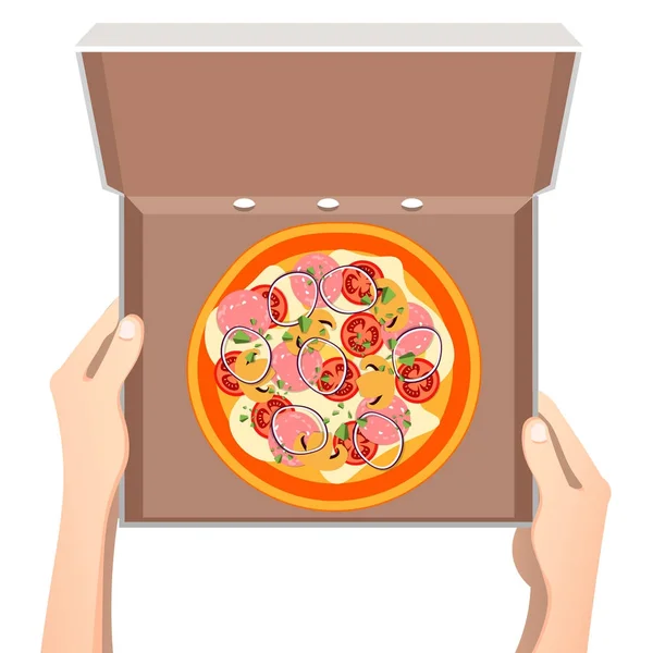 Pizza en la caja de cartón abierta . — Vector de stock
