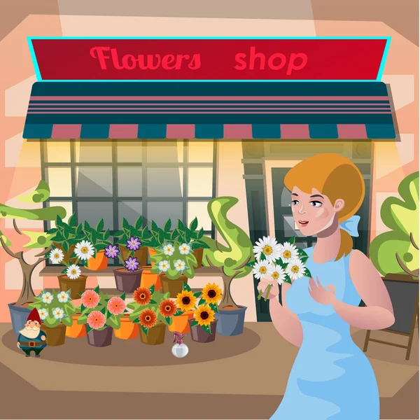 Çiçekçi kız bir pot Çiçek çiçekçi dükkanı holding — Stok Vektör