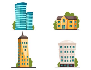 Farklı yüksekliklerde konut ve kamu binaları iş merkezleri binalar Icon set