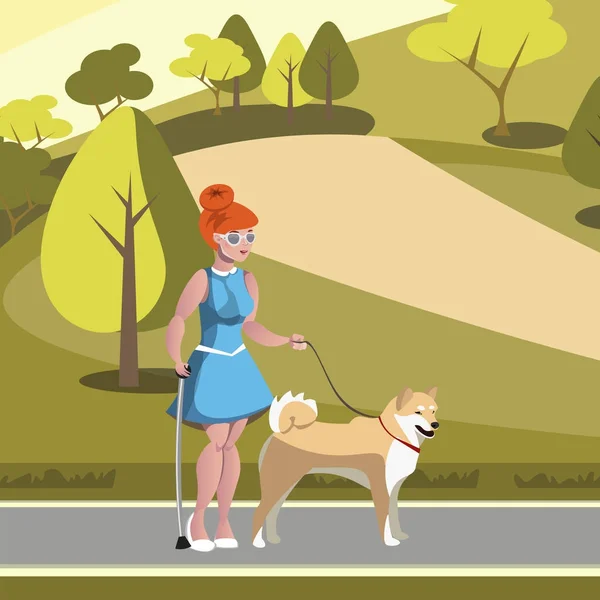 Слепая женщина гуляет с собакой в парке — стоковый вектор