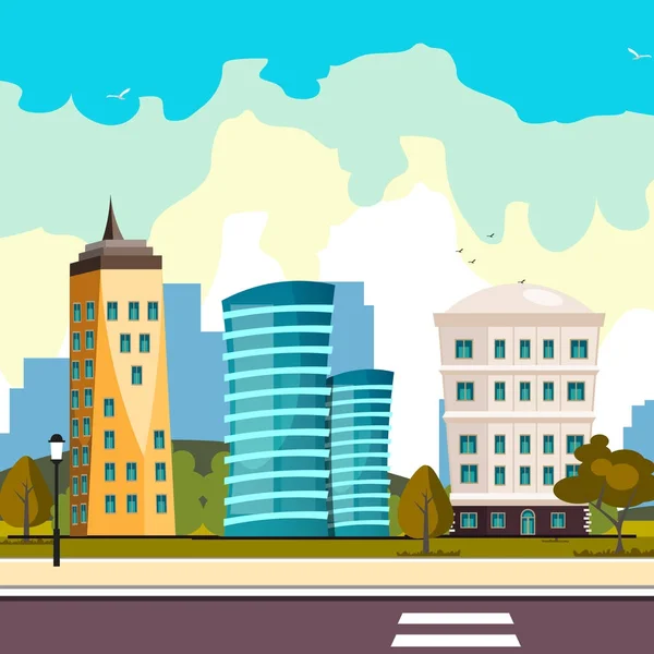 Edificios de la ciudad, planos de dibujos animados estilo rascacielos modernos — Archivo Imágenes Vectoriales