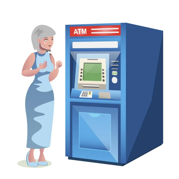 Old woman character standing near the ATM — Stock Vector