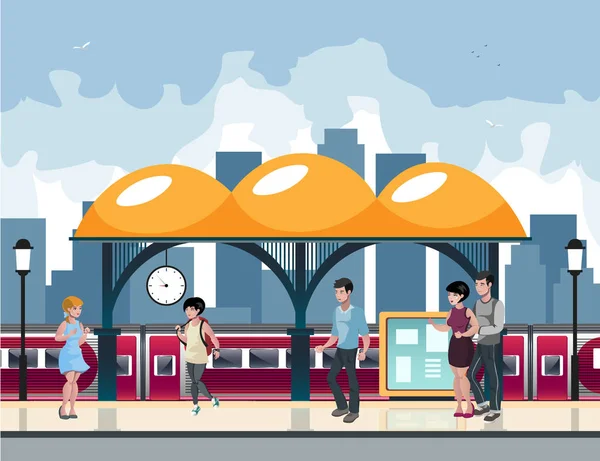 City people are waiting for the subway service. — Stock Vector