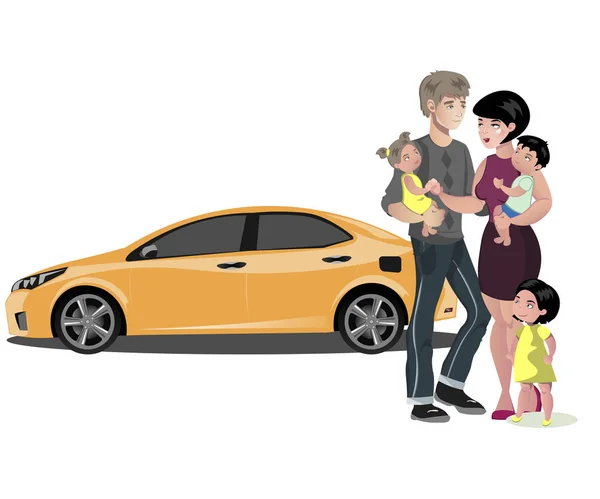 Familia de pie cerca de coche nuevo . — Archivo Imágenes Vectoriales