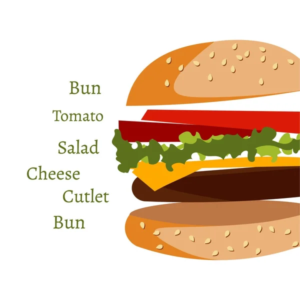 Hozzávalók a burger a fehér háttér — Stock Vector