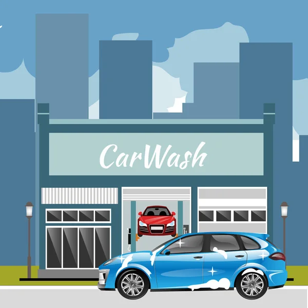 Car wash station. City landscape. — Stock Vector