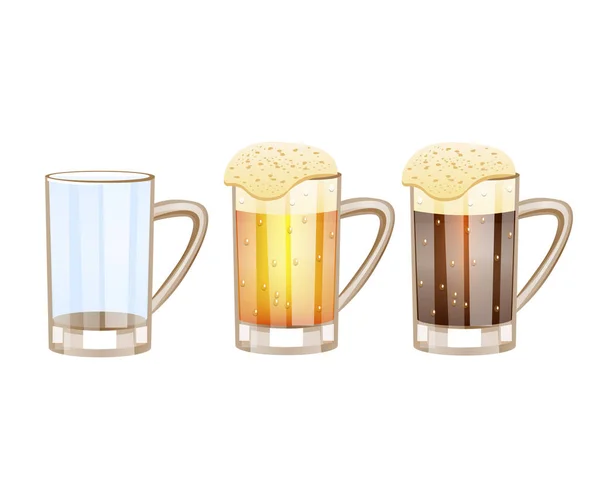 Beer glasses, different versions - empty, light beer, dark beer. — Stock Vector