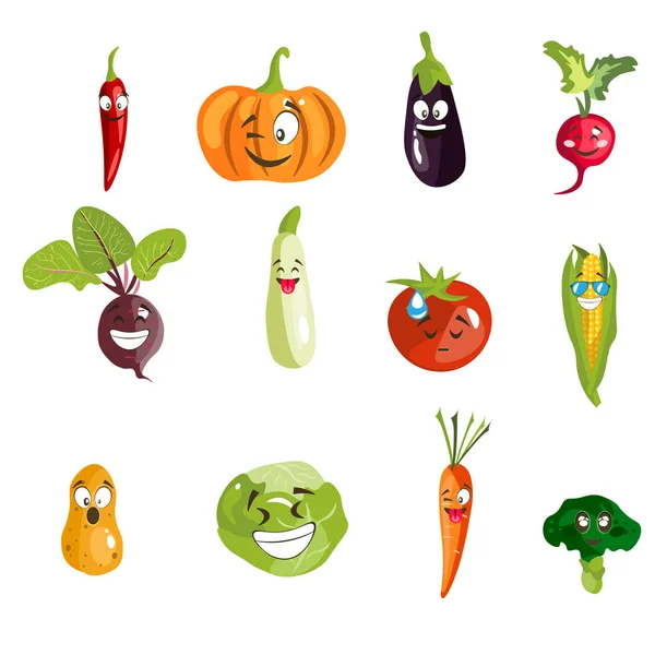 Set de verduras de dibujos animados con emociones — Vector de stock
