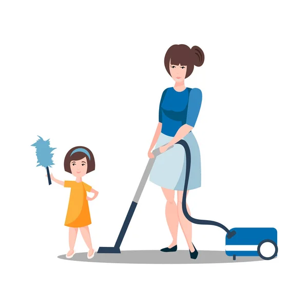 Мати і дочка прибирають будинок — стоковий вектор