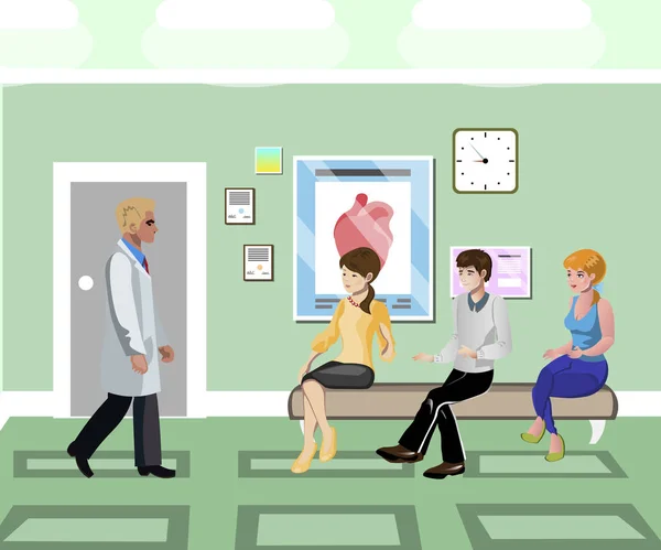 Pacientes en fila en el pasillo de la clínica . — Archivo Imágenes Vectoriales