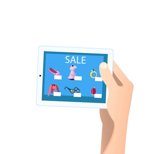 Nakupování online koncept. Tablet v rukou — Stockový vektor