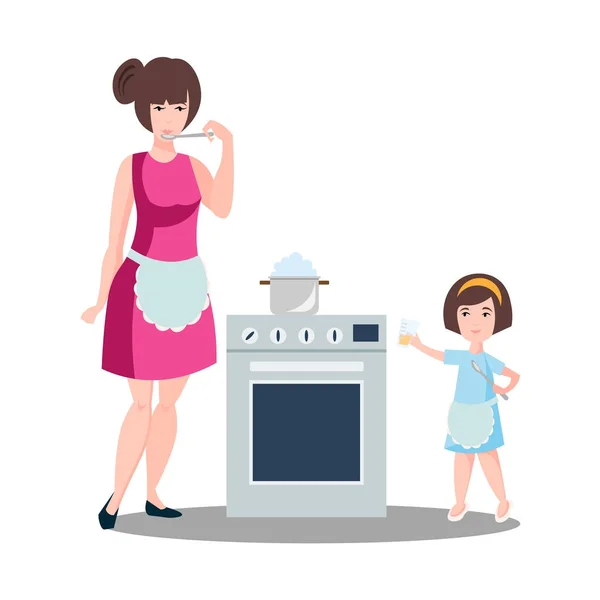 Moeder met de dochter cook deeg. — Stockvector