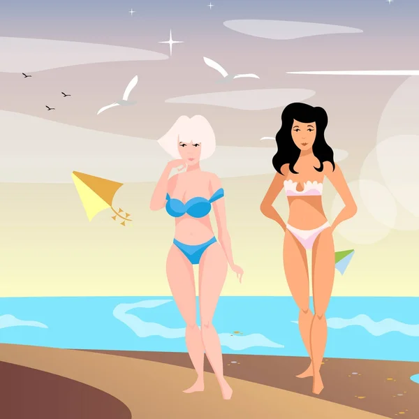 Две девушки на пляже — стоковый вектор