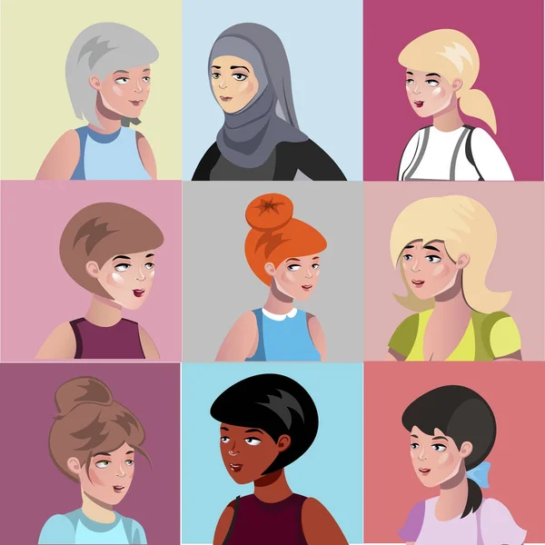 Ensemble de différents personnages féminins . — Image vectorielle