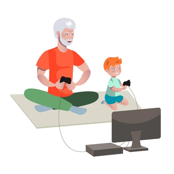 Дедушка и мальчик играют в видеоигры — стоковый вектор
