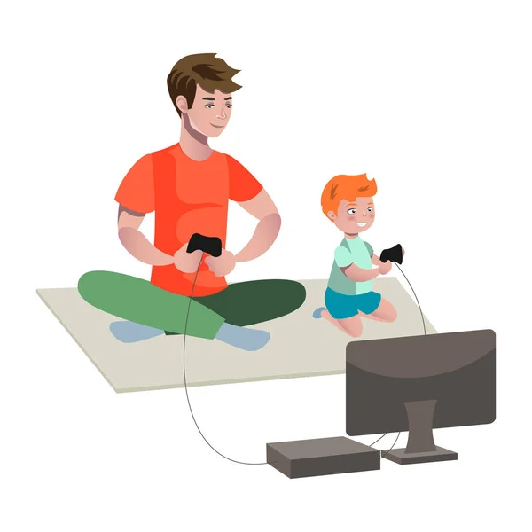 Padre e hijo jugando videojuego. — Vector de stock