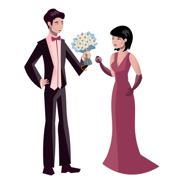 O homem dá a uma mulher um buquê de flores . — Vetor de Stock