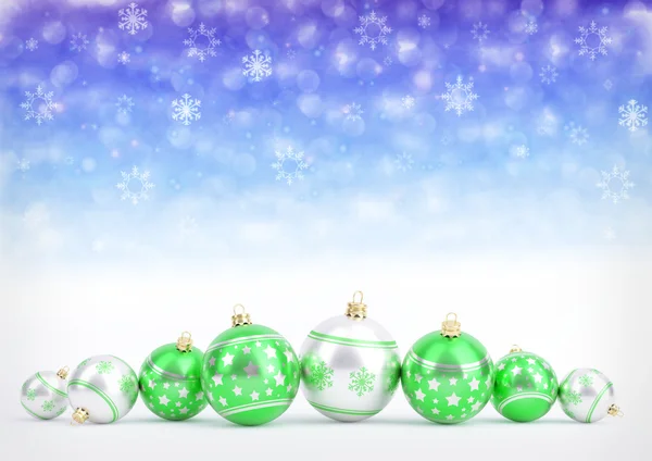 Bolas de Navidad verde sobre fondo bokeh azul con copos de nieve. Renderizado 3D — Foto de Stock