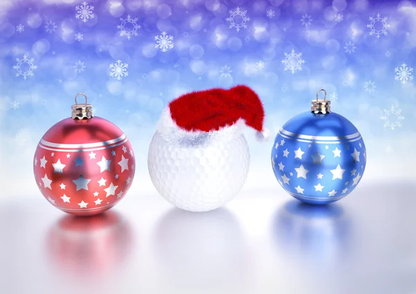 Kerstballen en golfbal met rode kerstmuts op de achtergrond bokeh. 3D render — Stockfoto