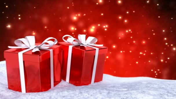 Weihnachtsgeschenke im Schnee auf rotem Bokeh-Hintergrund. nahtlose Schleife. 3D-Darstellung. — Stockvideo