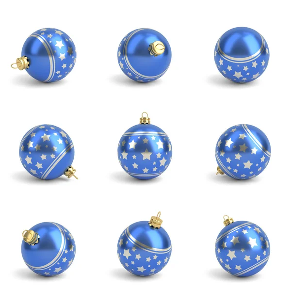 Collectie van blauwe kerstballen. Wit geïsoleerd. 3D render — Stockfoto
