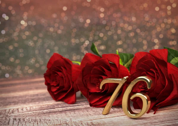 Concepto de cumpleaños con rosas rojas en escritorio de madera. Setenta y seis. 76. Renderizado 3D —  Fotos de Stock