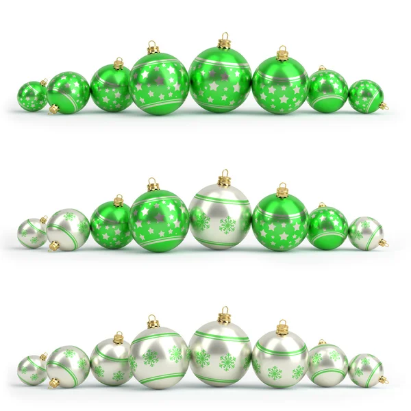 Colección de bolas de Navidad verdes y plateadas. Blanco aislado. Renderizado 3D — Foto de Stock