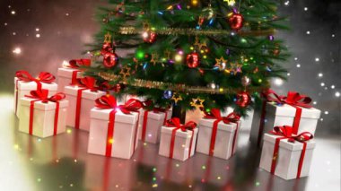 Renkli bokeh arka plan üzerinde ağaç Noel hediyeleri. Sorunsuz döngü. 3D render.